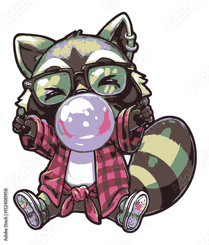 Cartoon Raccoon Character Blowing Bubble Gum in Casual Outfit Illustration