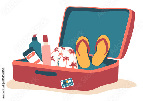 Summer Travel Cartoon Illustration of an Open Suitcase with Vacation Items