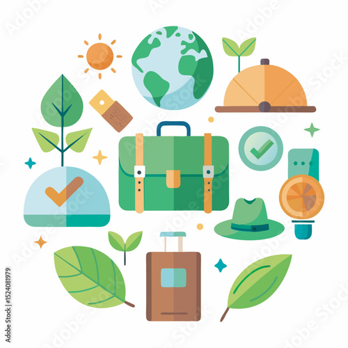 Green travel essentials with leaves and backpack