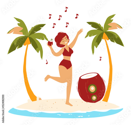 Cheerful Summer Vacation Cartoon Woman Enjoying Beach with Palm Trees