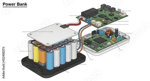 Exploded view of a power bank showing batteries and circuit boards connected by wires