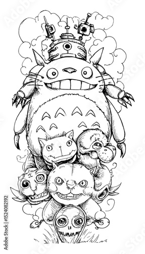 Hand-Drawn Doodle of Whimsical Creatures and Fantasy Robots in Pencil Style