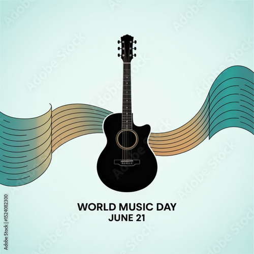 World Music Day in  June 21  Minimalist guitar silhouette illustration with flowing musical waves for World Music Day celebration. Great for music events, international music festivals, and creative.