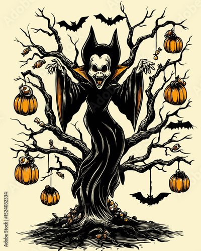 Spooky Halloween Illustration Featuring Witch, Bats, and Pumpkins