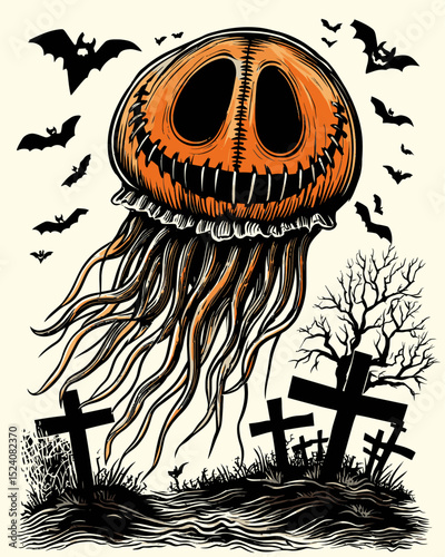 Spooky Halloween Illustration of Jellyfish with Pumpkin Head and Bats