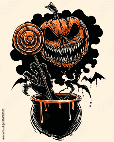 Spooky Pumpkin Illustration with Lollipop and Witch's Cauldron for Halloween