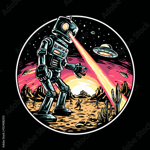 Retro Robot Illustration with UFO and Desert Landscape in Vector Format
