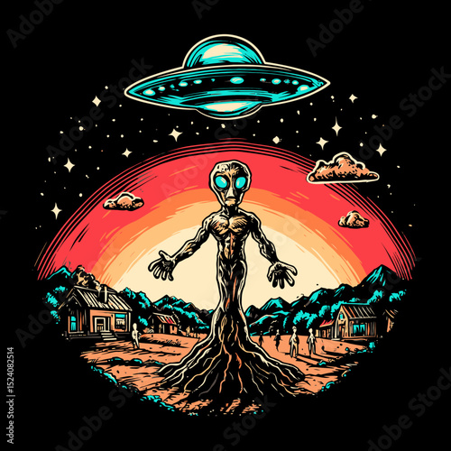 Alien Figure with Tree Roots Under Cosmic Sky and Flying Saucer in Art