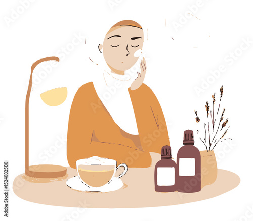 Serene Woman with Natural Cosmetics in Calm Home Setting Illustration
