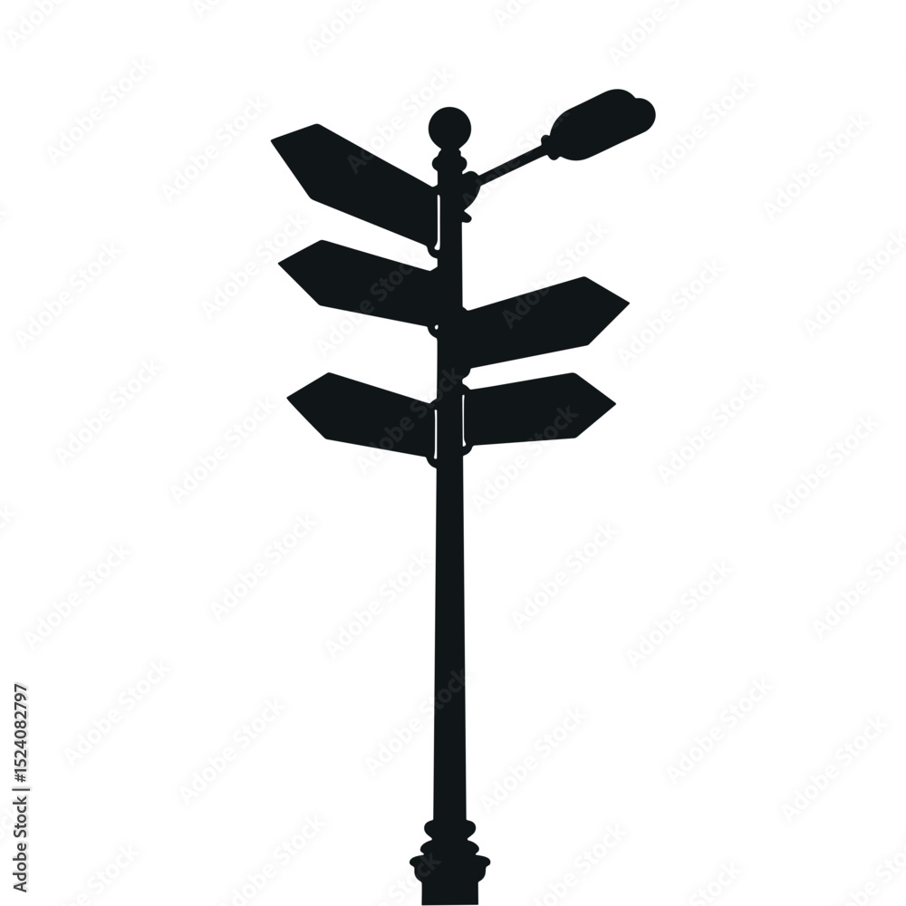 Directional signpost with multiple arrows and street lamp silhouette  