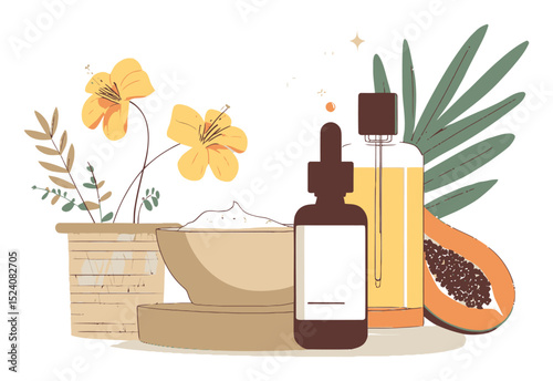 Elegant Floral Arrangement with Cosmetic Products and Natural Elements