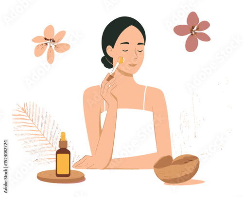 Elegant Woman Applying Beauty Oil with Natural Ingredients and Flowers