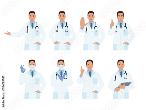 A male doctor in various work scenarious. Collection, set. Flat vector illustration.