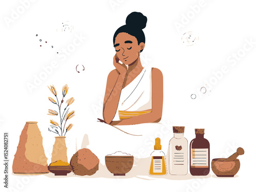 Serene Woman in Spa Setting with Natural Cosmetic Products and Ingredients