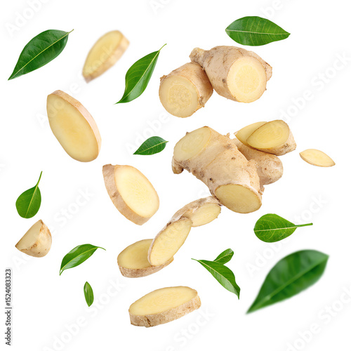 Ginger and Mint Leaves 3d icon in cartoon plastic style minimal isolated on transparent white background