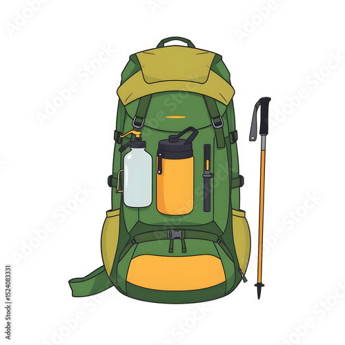 Hiking backpack with attached trekking poles and water bottle.