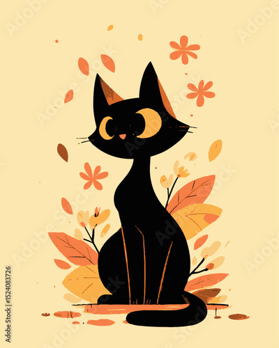 Whimsical Black Cat Surrounded by Colorful Autumn Leaves and Flowers