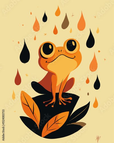 Colorful cartoon frog illustration with raindrops and autumn leaves