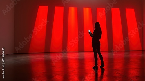 A solitary figure, a woman, engrossed in the vibrant world of her cell phone, against a pristine, white backdrop that accentuates her presence 