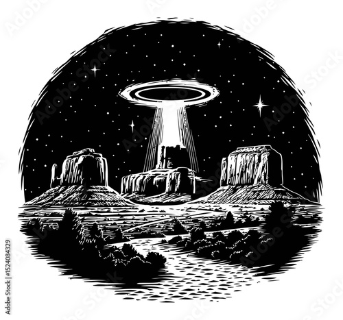Alien UFO Encounter Over Monument Valley in Detailed Black and White Illustration