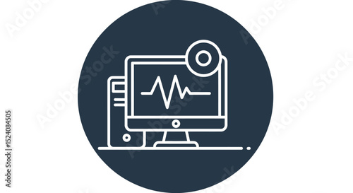 Computer with Heartbeat Monitor Line Icon on Dark Blue Circle