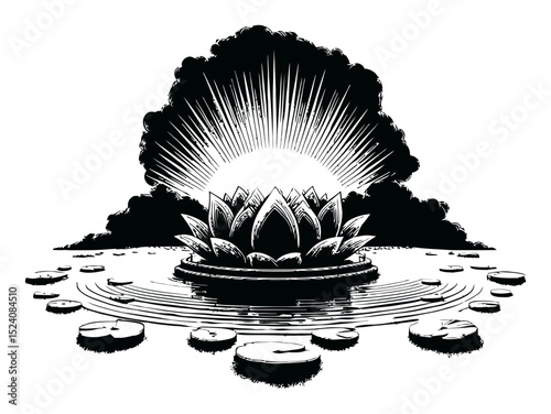 Serene Black and White Lotus Engraving with Radiant Background Illustration