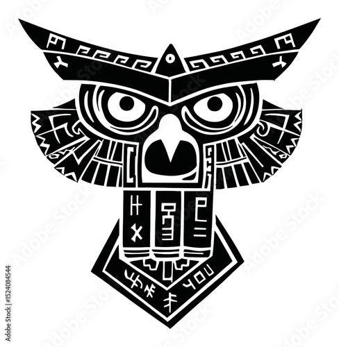Intricate Black and White Owl Illustration with Unique Tribal Designs and Patterns