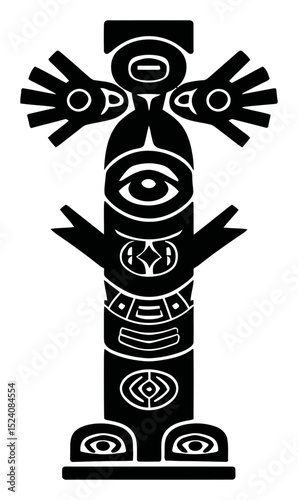 Abstract Black and White Engraving of a Symbolic Totem Illustration