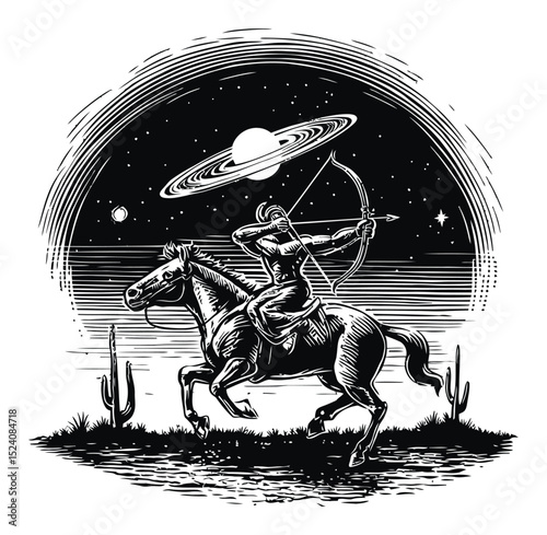 Celestial Archer Riding Horse Under Starry Sky and Planetary Ring