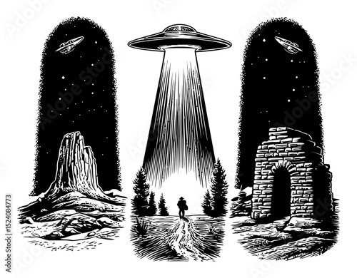Black and White Illustration of UFO Scene with Mountain and Stone Structure