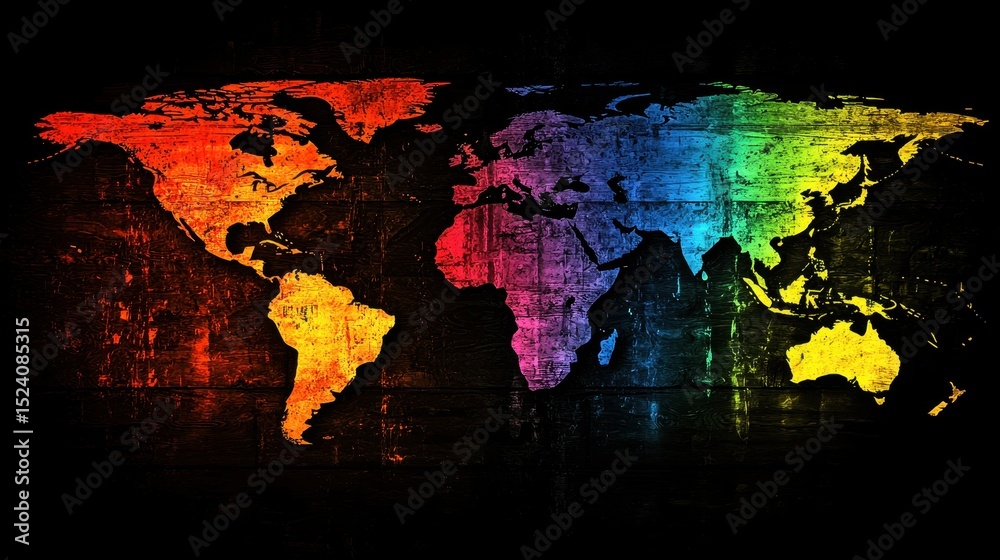 Obraz premium A vibrant world map, its continents outlined in bold strokes of color, each region's unique shape a testament to the diversity of our planet 