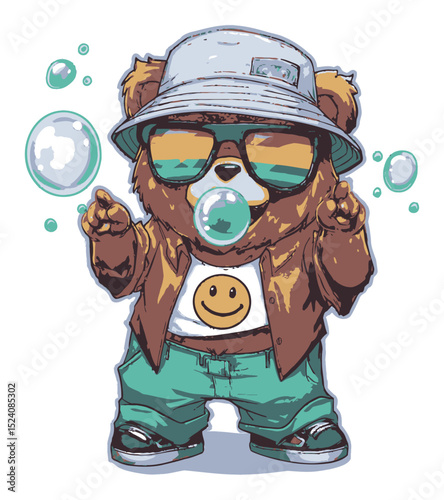 Cartoon Bear Character with Sunglasses and Bubble in Fun Art Style
