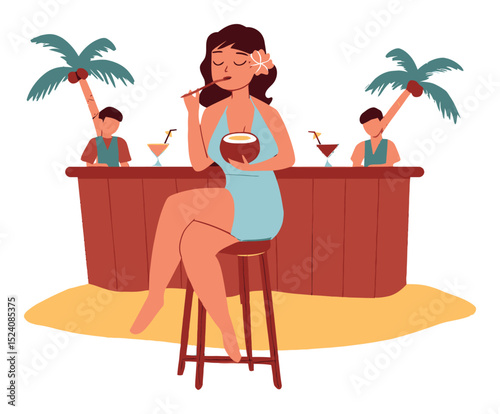 Relaxing Woman Enjoying Summer Cocktail at Beach Bar in Vibrant Illustration