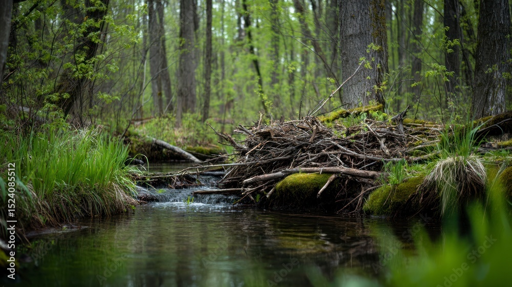 Obraz premium Forest stream with natural dam