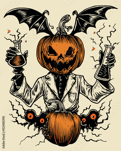 Spooky Pumpkin Scientist with Bats and Laboratory Equipment for Halloween Art