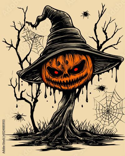 Spooky Halloween Pumpkin with Witch Hat and Gloomy Background Design