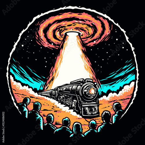 Dramatic Train Scene with Alien Abduction Illustration in Vibrant Colors