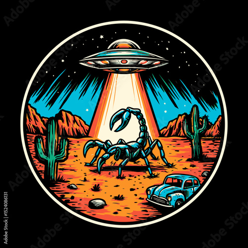 Scorpion Alien Abduction Retro Vector Art with Desert Landscape Scene