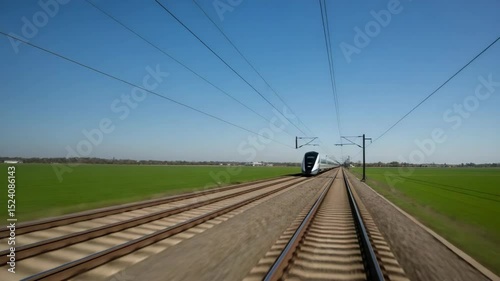 High-speed train traveling on railway tracks through green fields  