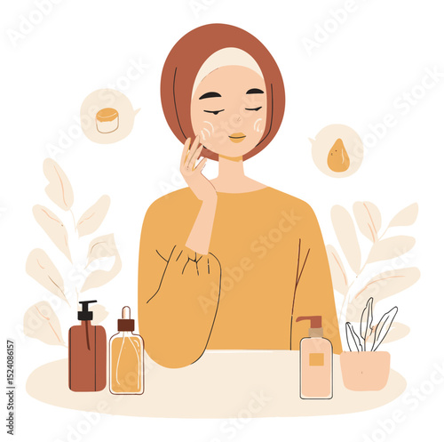 Young Woman Applying Skincare in Cozy Illustration with Cosmetic Bottles