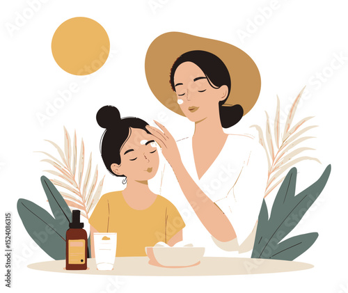 Mother and Daughter Enjoying a Relaxing Cosmetic Routine in Nature