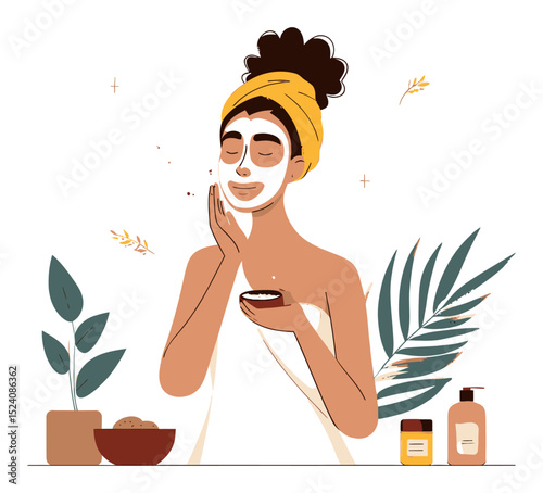 Relaxing Woman with Face Mask and Natural Cosmetic Products at Home