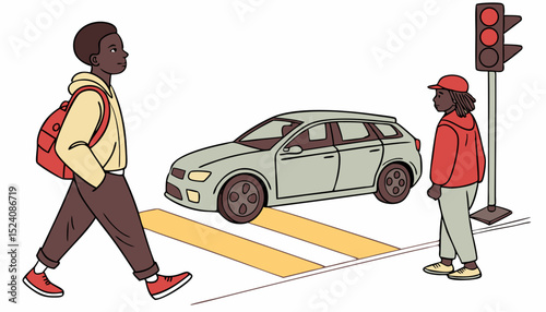 Crossing road at red light line cartoon flat illustration. Black man walking across street in front of car 2D lineart characters isolated on white background. Accident danger scene vector color image 