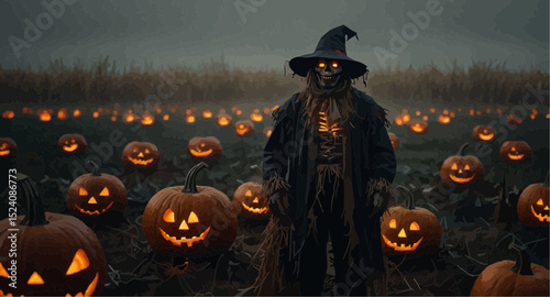 A scarecrow watches over a sprawling field of pumpkins, highlighting the seasonal charm of fall harvest time.
