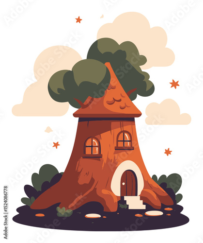Charming Cartoon House Illustration with Trees and Clouds in a Whimsical Style