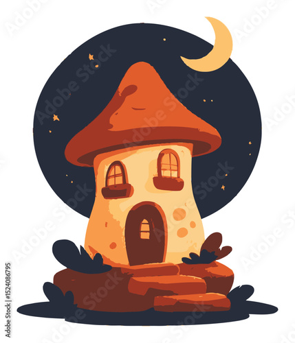 Whimsical Cartoon Cottage Under a Starry Night Sky with Crescent Moon