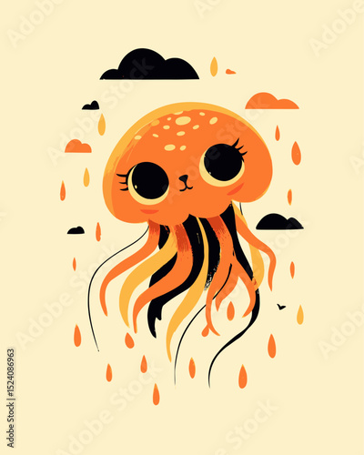 Cute Cartoon Jellyfish with Big Eyes and Colorful Tentacles Illustration