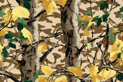 Real tree forest camouflage seamless pattern design for hunting and military uniforms. Hunting camouflage. Digital camouflage. Abstract camo. 