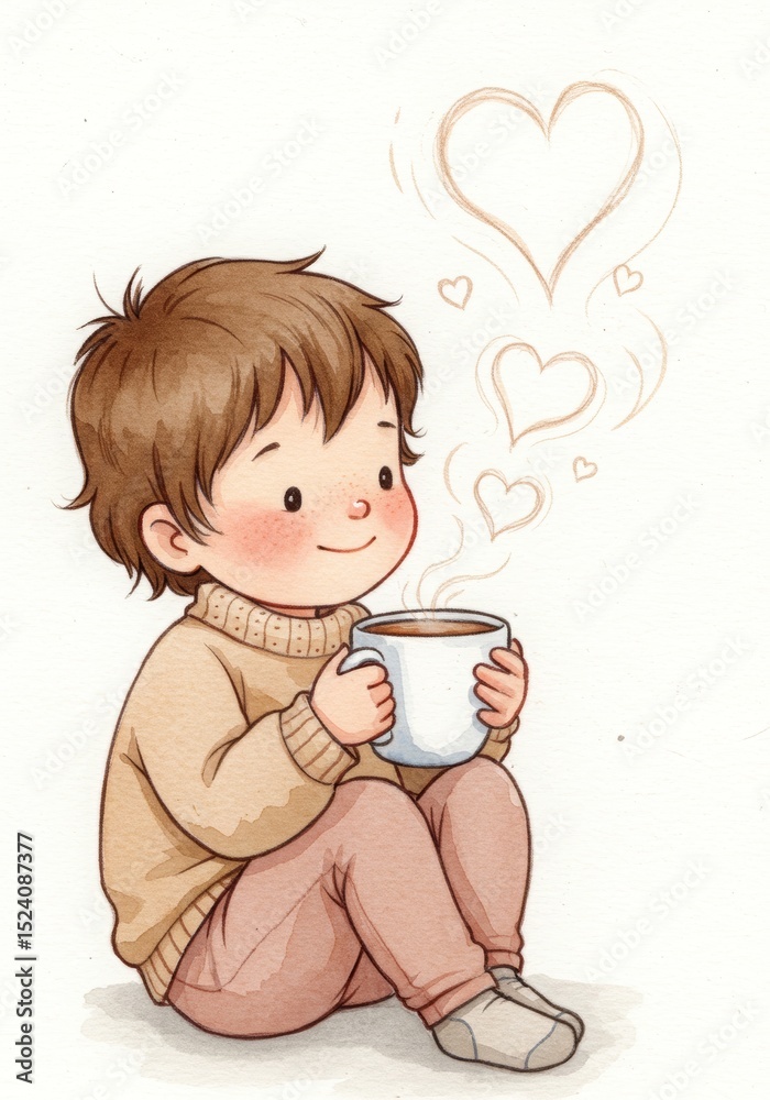 Young boy sitting and enjoying a warm drink with hearts around Young boy sitting and enjoying a warm drink with hearts around