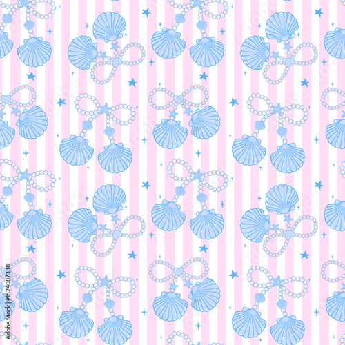 Cute retro coquette Summer seamless pattern Blue Pearl bow seashells girly Coastal beach vibe stripes on pink background